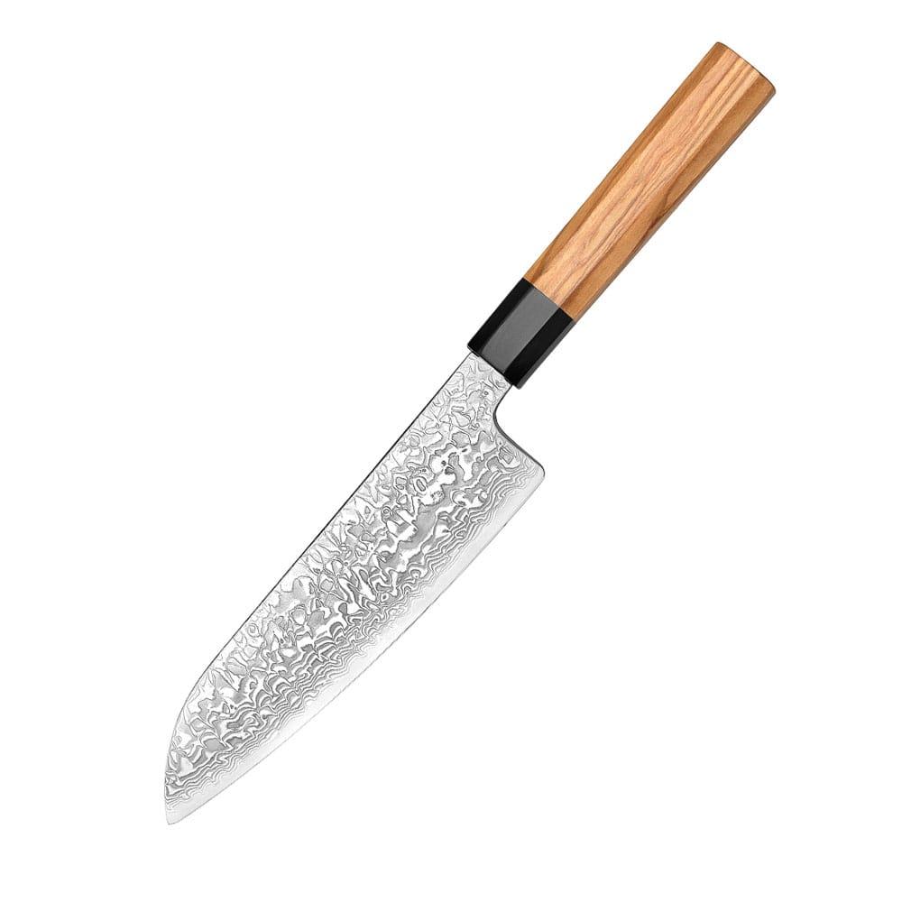 Ushi Yuki-onna Santoku 180mm japansk kokkekniv i damaskusstål med oliventræ og buffalo horn wa-skæfte