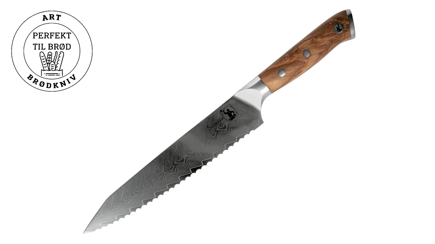 Sumisu Art Brødkniv i 67 lags damaskusstål med oliventræshåndtag