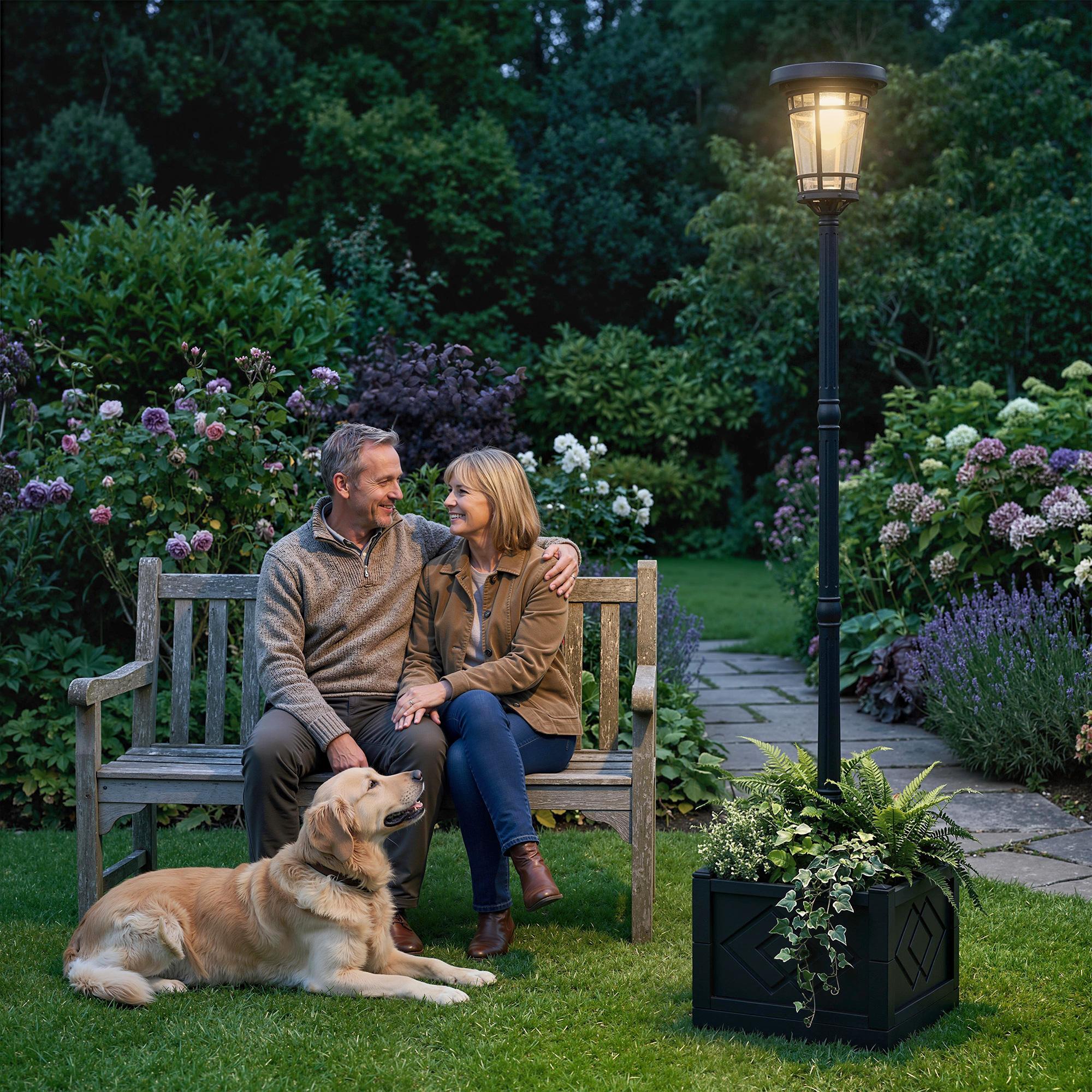 Høj solcellegulvlampe på 195 cm med indbygget blomsterpotte til terrassen