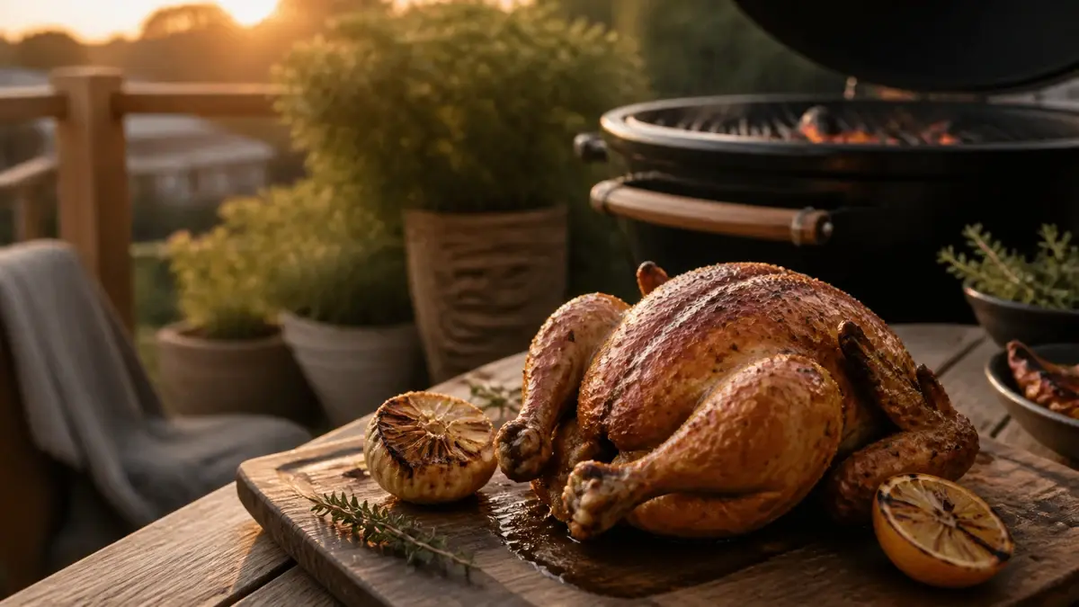 Hel kylling på grill 2026: sprød skind og saftigt kød | Grillglod.dk