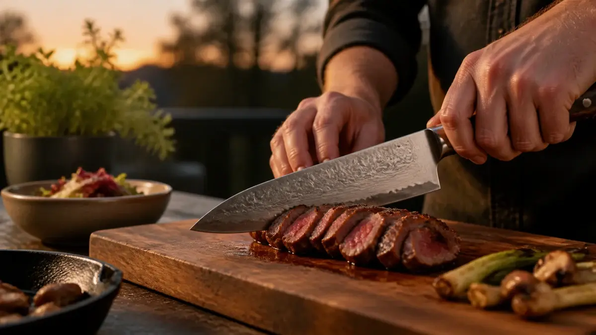 Japansk kokkekniv test 2026 — gyuto og damaskus i Aogami Blue 2 til grillkøkkenet