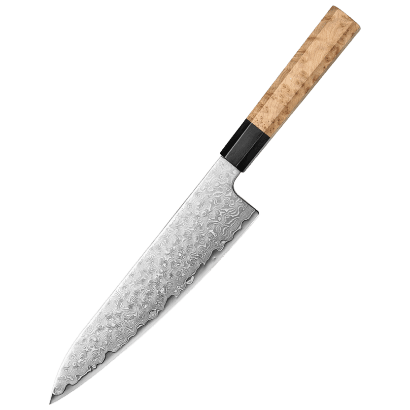 Ushi Ao bōzu Gyuto med Aogami Blue 2 karbonstålskerne og mønstret ahorn Wa-skaft