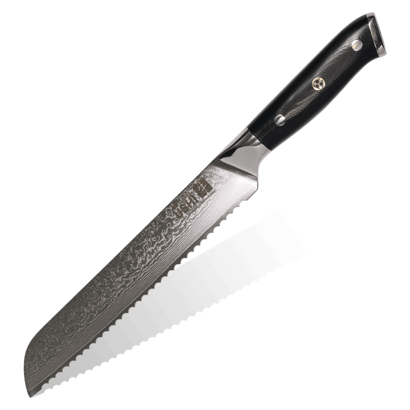 Ushi brødkniv i 67-lags damaskusstål med sort ergonomisk G-10 komposithåndtag