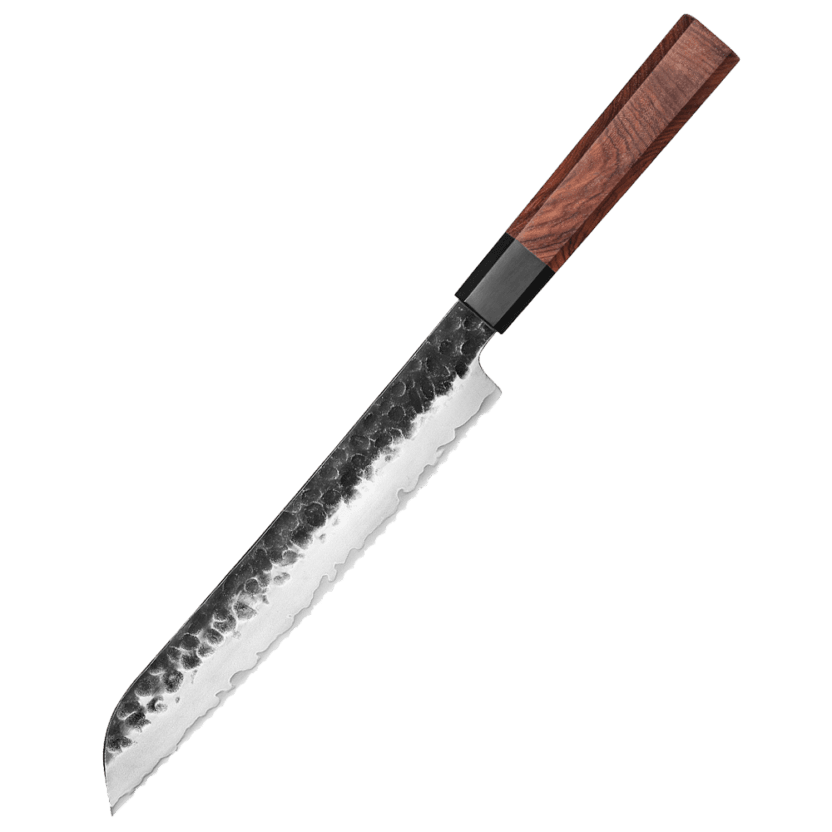 Ushi Tanuki Brødkniv 220 mm med kurouchi sortsmedet finish og Wa-skaft