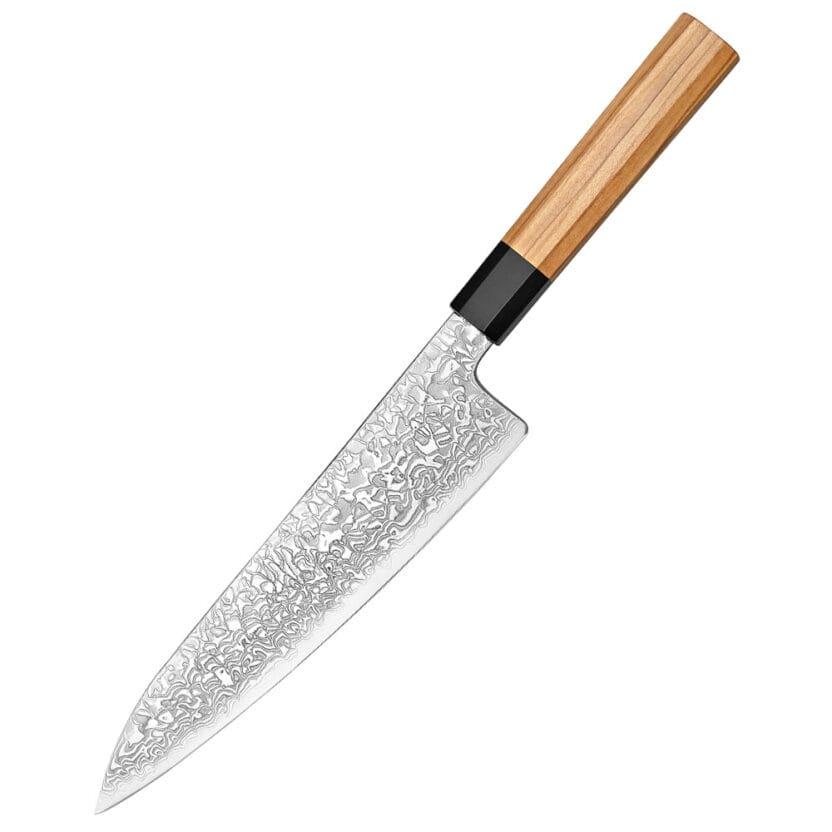 Ushi Yuki-onna Gyuto 210 mm med 67-lags damaskusmønster og oliventræs Wa-skaft